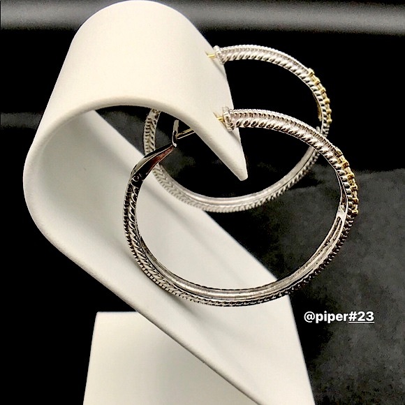 EUC Judith Ripka JR TWO Pave Diamond Large Linen 1.5” Hoop Earrings - Picture 7 of 9